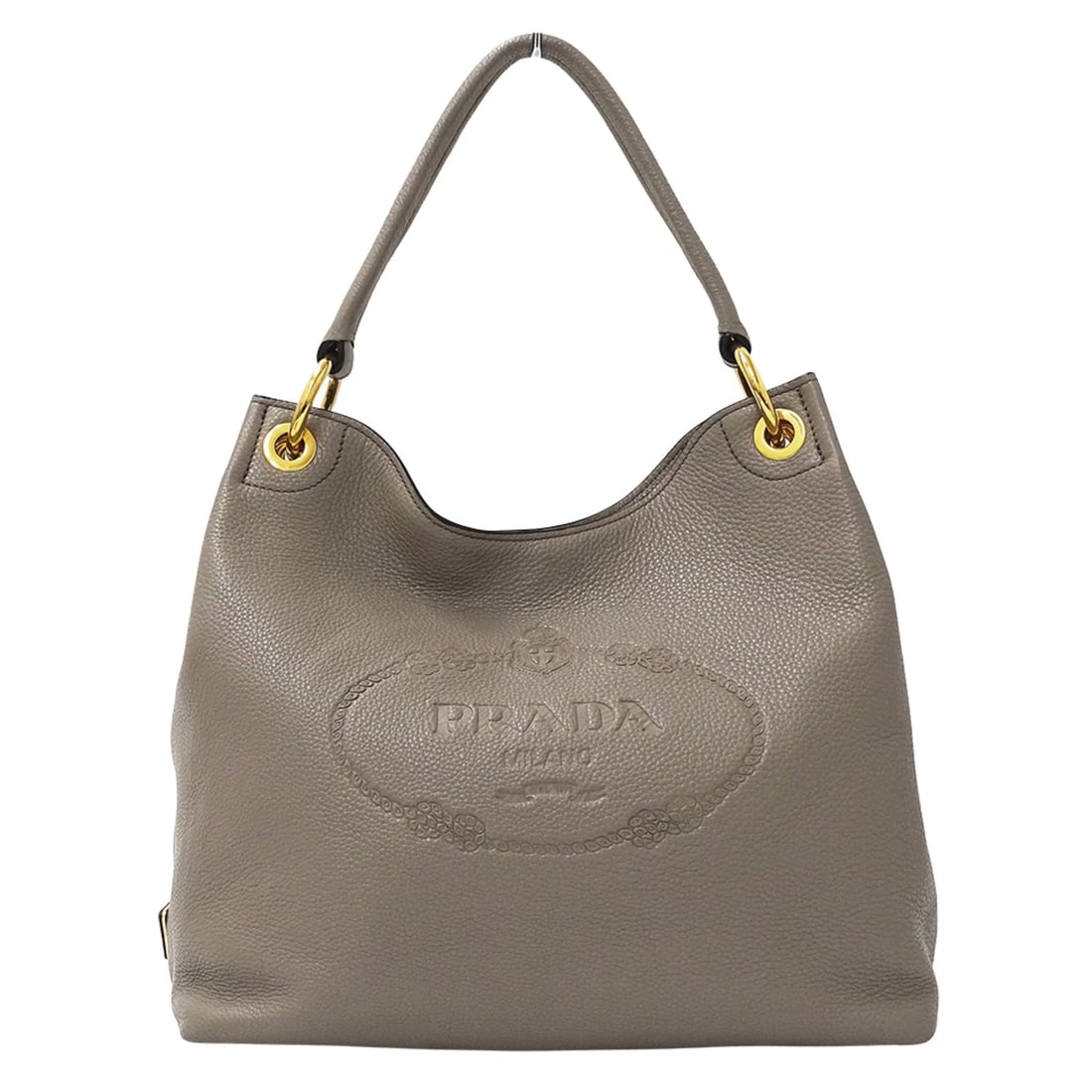 PRADA WOMEN'S LEATHER SHOULDER BAG: Prada Women's Leather Shoulder Bag Brand: Prada Type/Style: Shoulder bag Material: Leather Color: Grayish Size: Size (HxWxD) 30cm x 33cm x 15cm / 11.81'' x 12.99'' x 5.9'' Accessories: None