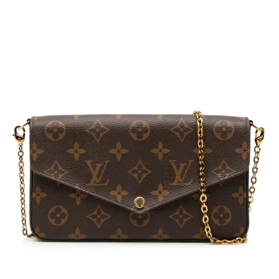 LOUIS VUITTON MONOGRAM POCHETTE FELICIE CROSSBODY CHAIN SHOULDER: Louis Vuitton Monogram Pochette Felicie Crossbody Chain Shoulder Brand: Louis Vuitton Type/Style: Pochette, Shoulder bag Material: PVC , Leather Color: Brown, Fuchsia Size: Size (HxWxD) 11cm x 21c