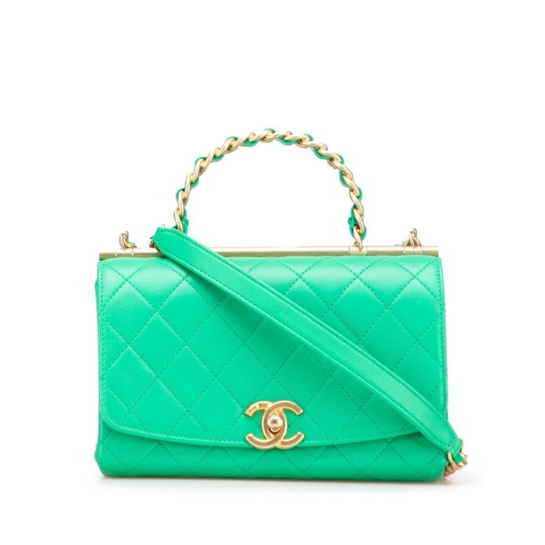 CHANEL MATELASSE COCO MARK TOP HANDLE SHOULDER BAG: CHANEL Matelasse Coco Mark Top Handle Shoulder Bag Brand: Chanel Type/Style: Shoulder bag, Tote bag Material: Leather Color: Gold, Green Size: Size (HxWxD) 12cm x 20cm x 9cm / 4.72'' x 7.87'' x 3.