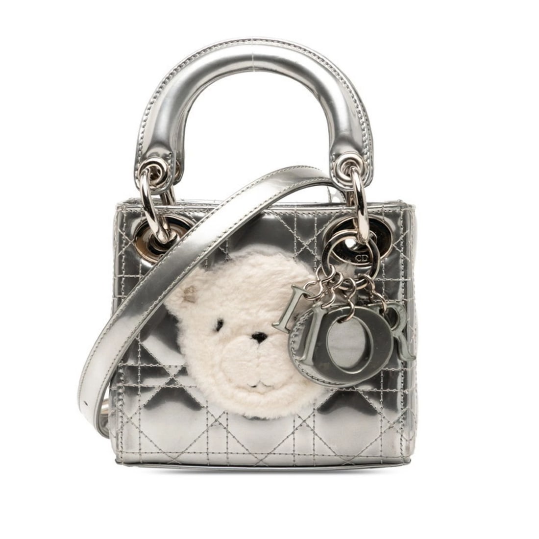 CHRISTIAN DIOR DIOR CANNAGE BABY DIOR LADY NANO HANDBAG: Christian Dior Dior Cannage Baby Dior Lady Nano handbag Brand: Christian Dior Type/Style: Handbag, Shoulder bag Material: Patent leather , Fur Color: Silver Size: Size (HxWxD) 12.5cm x 14.5cm x 6c