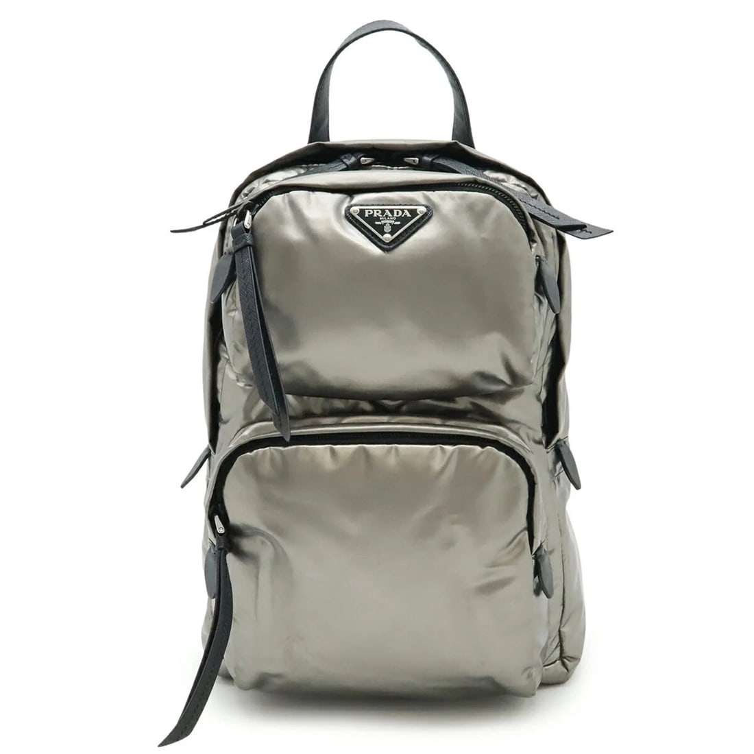 PRADA TRIANGLE BAG BODY SHOULDER: PRADA Triangle Bag Body Shoulder Brand: Prada Type/Style: Backpack Material: Nylon Color: Black, Metallic silver Size: Size (HxWxD) 31cm x 21cm x 6cm / 12.2'' x 8.26'' x 2.36'' Accessories: None