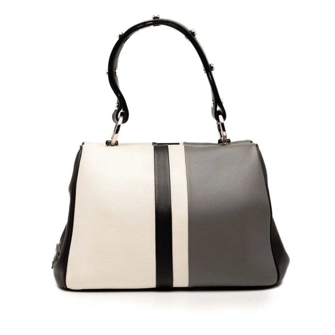 PRADA BAIADERA FRAME HANDBAG: Prada Baiadera Frame Handbag Brand: Prada Type/Style: Handbag Material: Leather Color: Black, Gray, White Size: Size (HxWxD) 17cm x 26cm x 13cm / 6.69'' x 10.23'' x 5.11'' Accessories: None