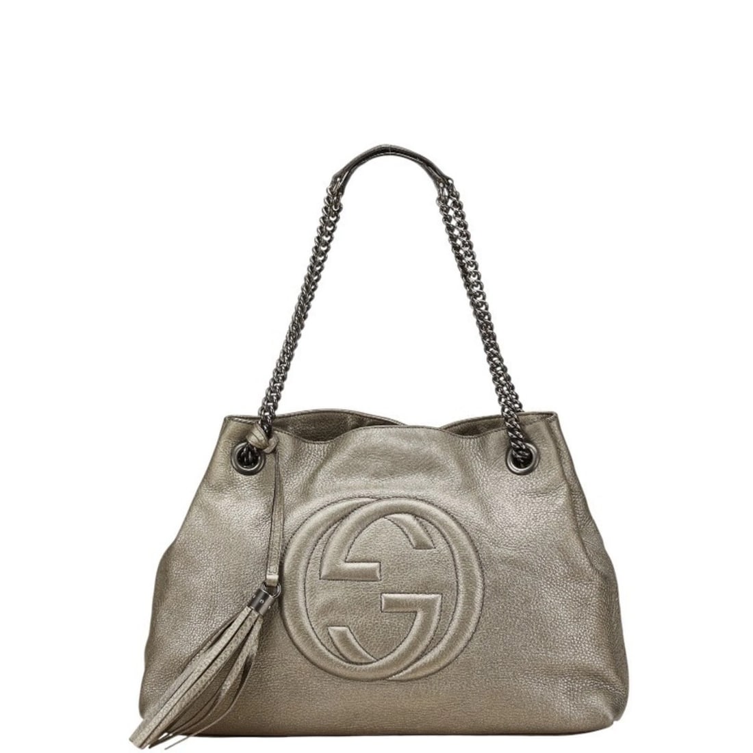 GUCCI SOHO INTERLOCKING G CHAIN SHOULDER BAG: Gucci Soho Interlocking G Chain Shoulder Bag Brand: Gucci Type/Style: Shoulder bag Material: Leather Color: Gold Size: Size (HxWxD) 26cm x 38cm x 11cm / 10.23'' x 14.96'' x 4.33'' 