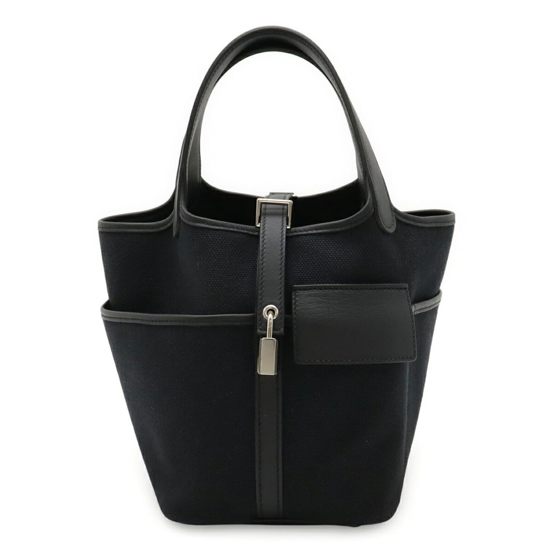 HERMES PICOTIN LOCK PM HANDBAG/TOTE BAG: HERMES Picotin Lock PM Handbag/Tote Bag Brand: Hermes Type/Style: Handbag, Tote bag Material: Swift leather , Cotton canvas Color: Black Size: Size (HxWxD) 19cm x 18cm x 13cm / 7.48'' x 7.08''