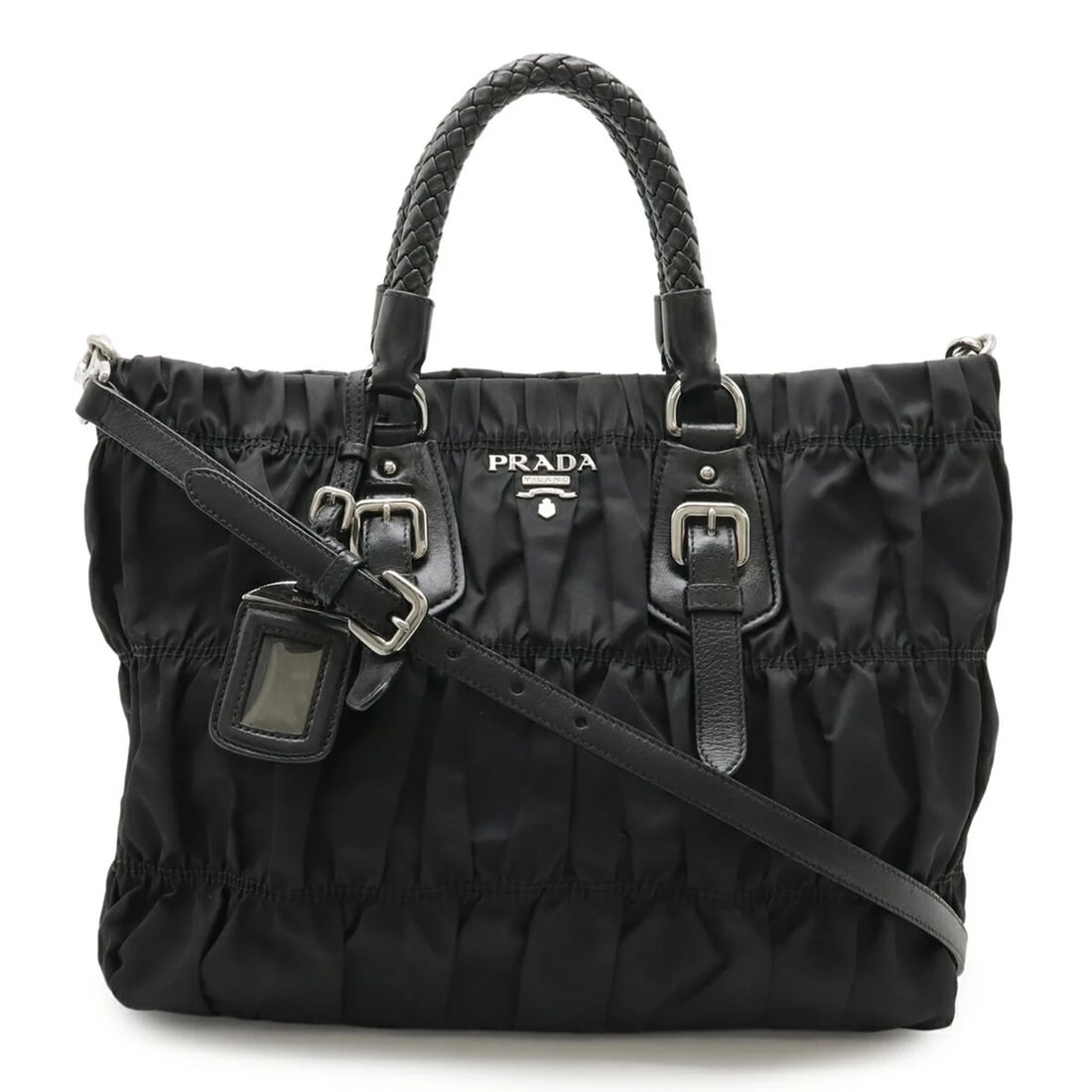 PRADA GATHERED HANDBAG SHOULDER BAG: PRADA Gathered Handbag Shoulder Bag Brand: Prada Type/Style: Handbag, Shoulder bag Material: Nylon , Leather Color: Black, Nero Size: Size (HxWxD) 26cm x 30.5cm x 15cm / 10.23'' x 12'' x 5.9'' Ac