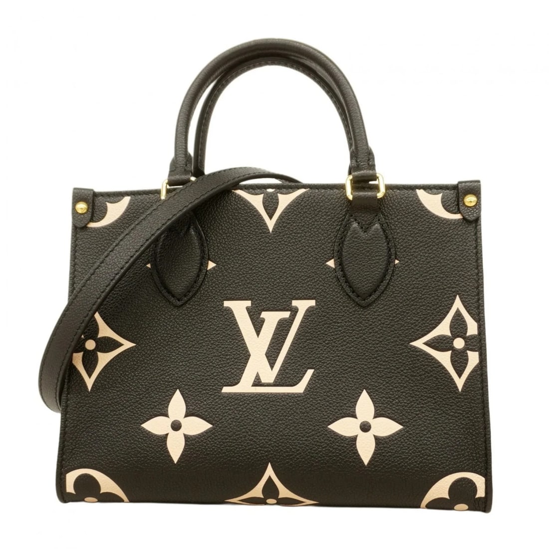 LOUIS VUITTON MONOGRAM EMPREINTE TWO-TONE ON-THE-GO PM HANDBAG: Louis Vuitton Monogram Empreinte Two-Tone On-the-Go PM Handbag Brand: Louis Vuitton Type/Style: Handbag Material: Monogram Color: Beige, Black Size: Size (HxWxD) 19cm x 25cm x 10cm / 7.48'' x