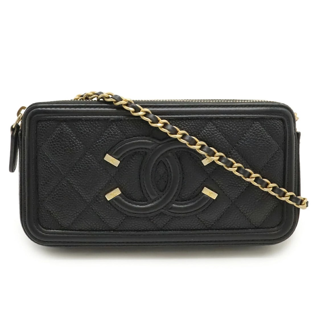 CHANEL CC FILIGREE CHAIN WALLET SHOULDER BAG: CHANEL CC Filigree Chain Wallet Shoulder Bag Brand: Chanel Type/Style: Pochette, Shoulder bag Material: Grained Calfskin Color: Black Size: Size (HxWxD) 9.5cm x 18.5cm x 3.5cm / 3.74'' x