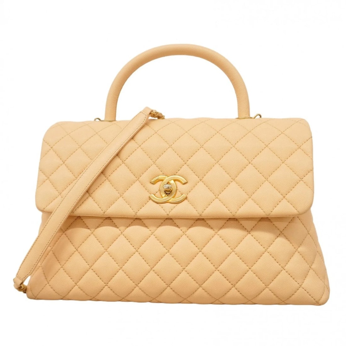 CHANEL MATELASSE HANDBAG WITH CHAIN SHOULDER STRAP: Chanel Matelasse Handbag with Chain Shoulder Strap Brand: Chanel Type/Style: Handbag Material: Grained Calfskin Color: Beige Size: Size (HxWxD) 21cm x 32.5cm x 11.5cm / 8.26'' x 12.79'' x