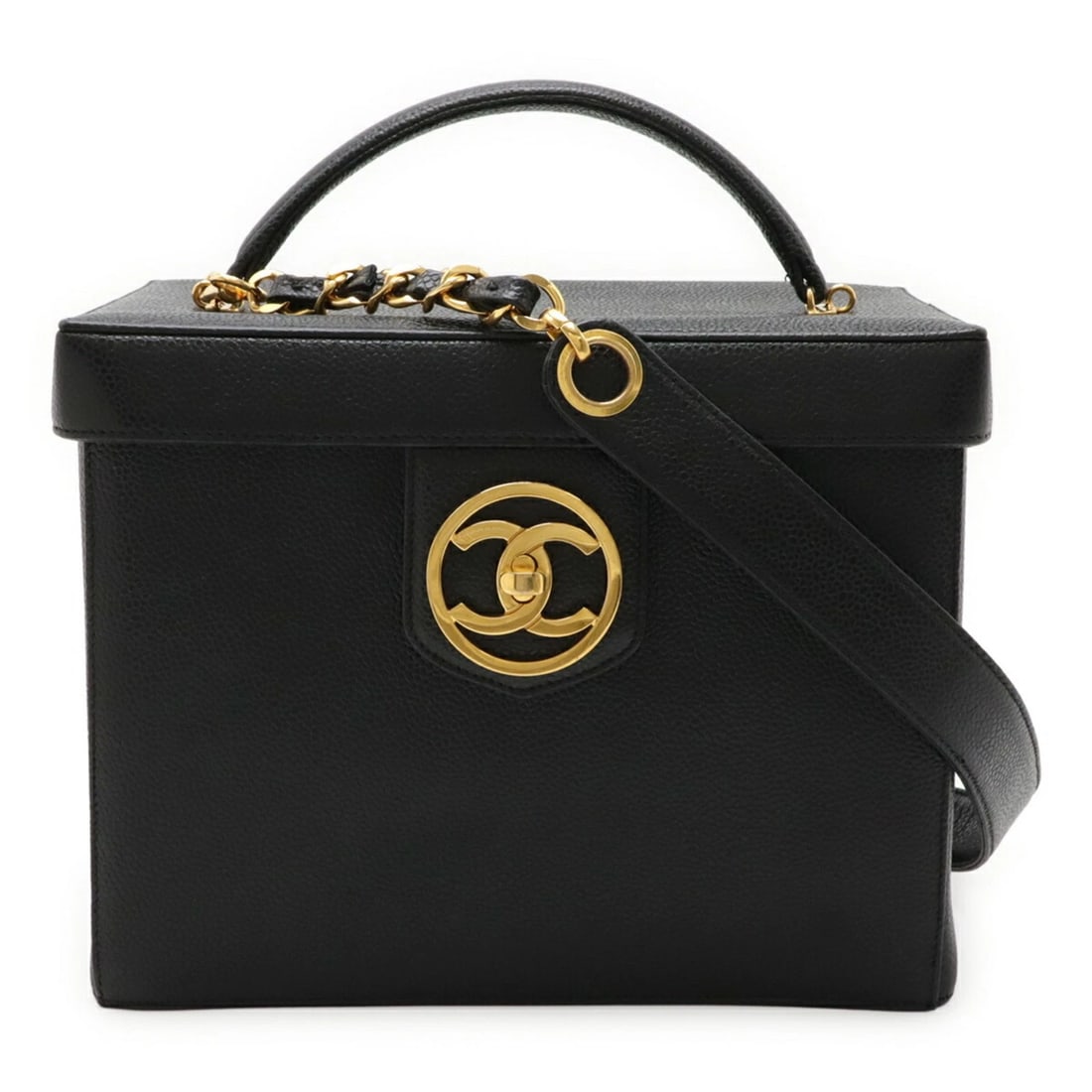 CHANEL COCO MARK VANITY BAG HANDBAG: CHANEL Coco Mark Vanity Bag Handbag Brand: Chanel Type/Style: Handbag, Shoulder bag, Vanity bag Material: Grained Calfskin Color: Black Size: Size (HxWxD) 18.5cm x 23cm x 14cm / 7.28'' x