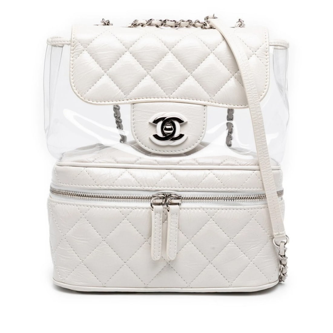 CHANEL MATELASSE COCO MARK CHAIN SHOULDER BAG HANDBAG: CHANEL Matelasse Coco Mark Chain Shoulder Bag Handbag Brand: Chanel Type/Style: Handbag, Shoulder bag Material: Leather , Vinyl Color: Clear, White Size: Size (HxWxD) 23cm x 21cm x 11.5cm /