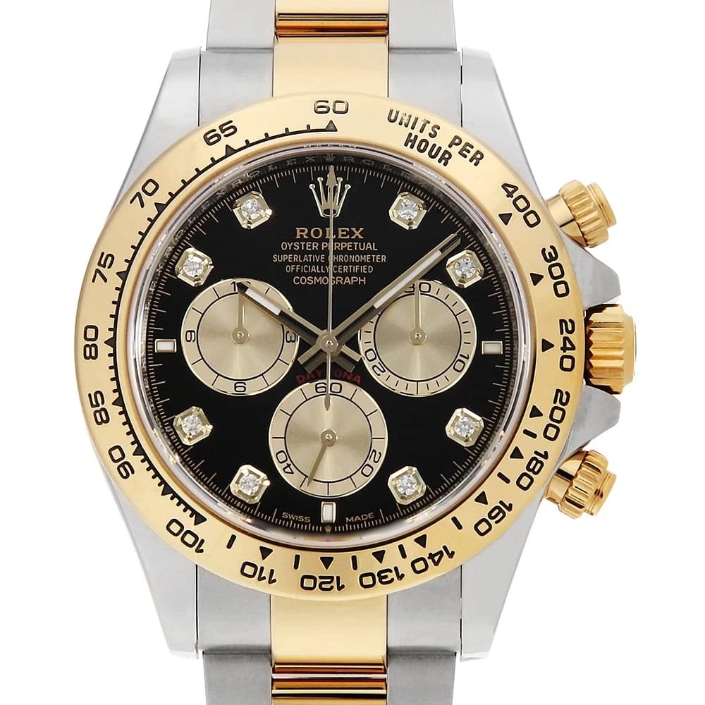 ROLEX COSMOGRAPH DAYTONA 8P DIAMOND BLACK X GOLD WRIST WATCH: ROLEX Cosmograph Daytona 8P diamond black x Gold Wrist Watch Brand: ROLEX Type: Wrist watch Material: Band Material Stainless Steel/Yellow Gold, Case Material Stainless Steel/Yellow Gold Color: Bla
