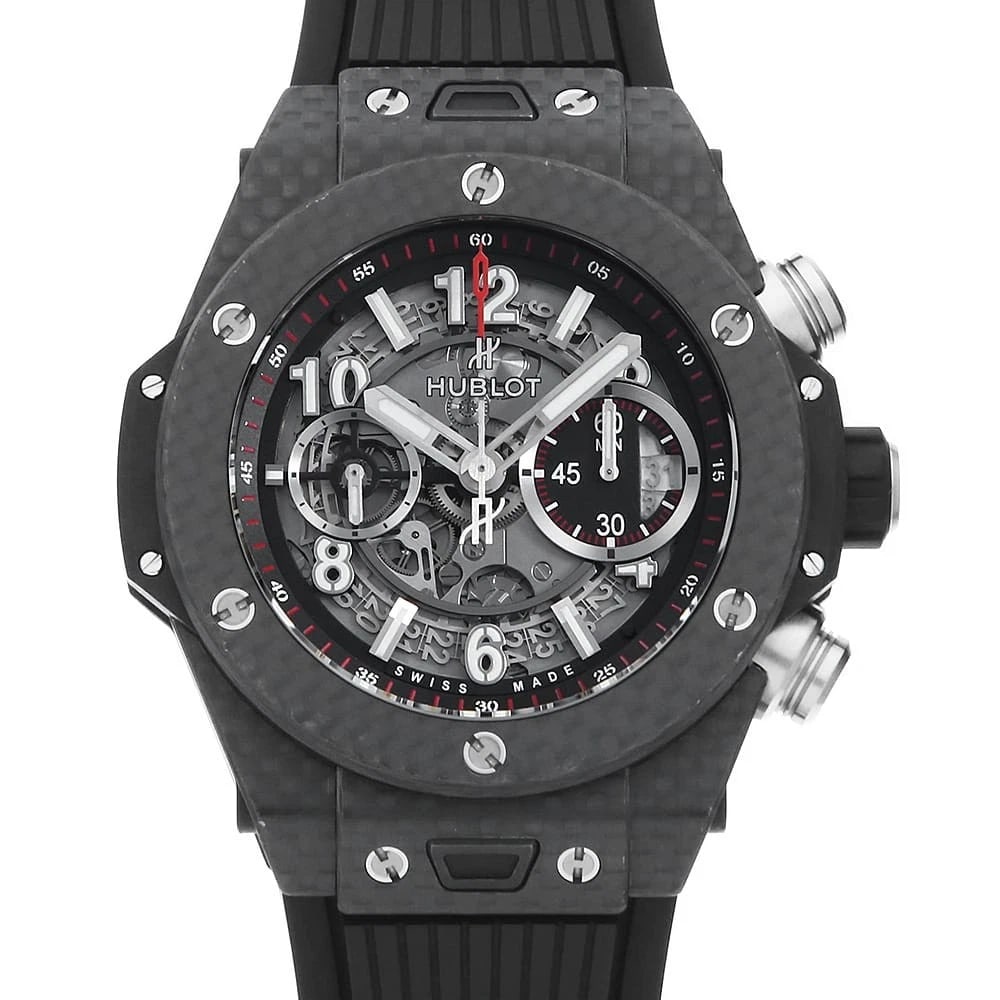 HUBLOT BIG BANG UNICO CARBON WRIST WATCH: HUBLOT Big Bang Unico Carbon Wrist Watch Brand: HUBLOT Type: Wrist watch Material: Band Material rubber, Case Material Carbon Color: Skeleton Size: Case:W45mm Accessories: None Accessories