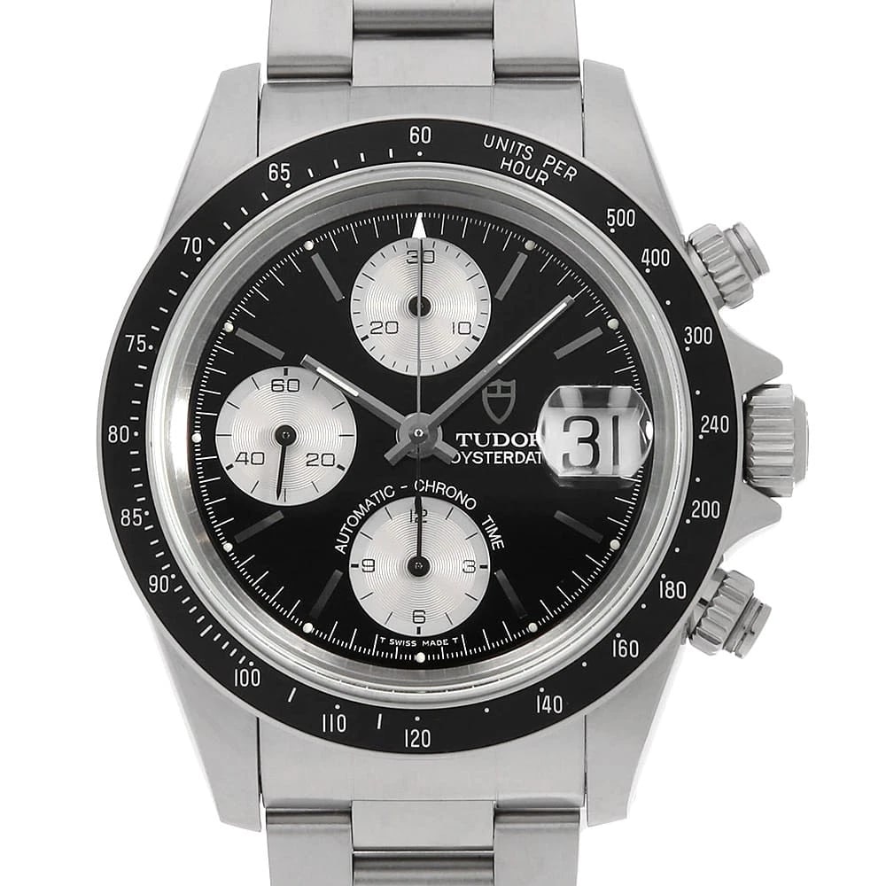 TUDOR CHRONO TIME ROW OYSTER BRACELET WRIST WATCH: TUDOR Chrono time row Oyster bracelet Wrist Watch Brand: TUDOR Type: Wrist watch Material: Band Material Stainless Steel, Case Material Stainless Steel Color: Black Size: Case:W40mm Circumference