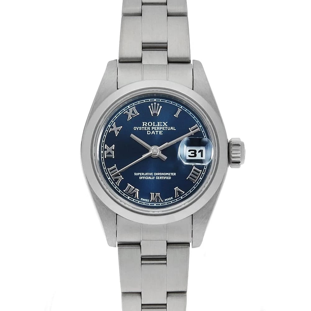 ROLEX OYSTER PERPETUAL DATE BLUE ROMAN ROW OYSTER BRACELET WRIST WATCH: ROLEX Oyster Perpetual Date blue Roman row oyster bracelet Wrist Watch Brand: ROLEX Type: Wrist watch Material: Band Material Stainless Steel, Case Material Stainless Steel Color: Blue Size: Case: