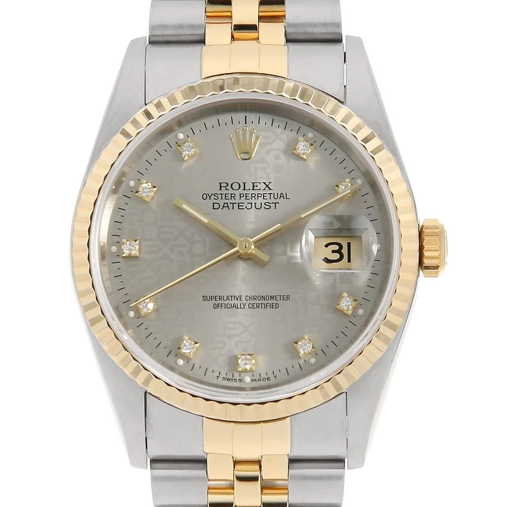 ROLEX DATEJUST DIAMOND SILVER PRINT COMPUTER WRIST WATCH: ROLEX Datejust Diamond Silver Print computer Wrist Watch Brand: ROLEX Type: Wrist watch Material: Band Material Stainless Steel/Yellow Gold, Case Material Stainless Steel/Yellow Gold Color: Silver