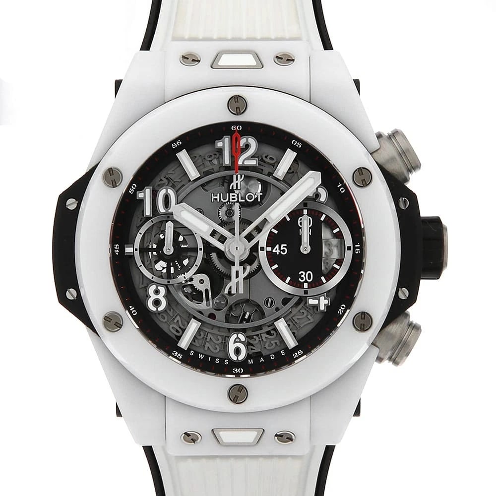 HUBLOT BIG BANG UNICO WHITE CERAMIC WRIST WATCH: HUBLOT Big Bang Unico White Ceramic Wrist Watch Brand: HUBLOT Type: Wrist watch Material: Band Material rubber, Case Material Ceramic Color: Skeleton Size: Case:W42mm Accessories: None Acc