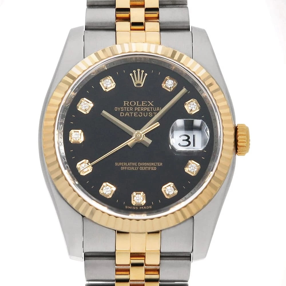 ROLEX DATEJUST 10P DIAMOND BLACK WRIST WATCH: ROLEX Datejust 10P Diamond black Wrist Watch Brand: ROLEX Type: Wrist watch Material: Band Material Stainless Steel/Yellow Gold, Case Material Stainless Steel/Yellow Gold Color: Black Size: Case:W