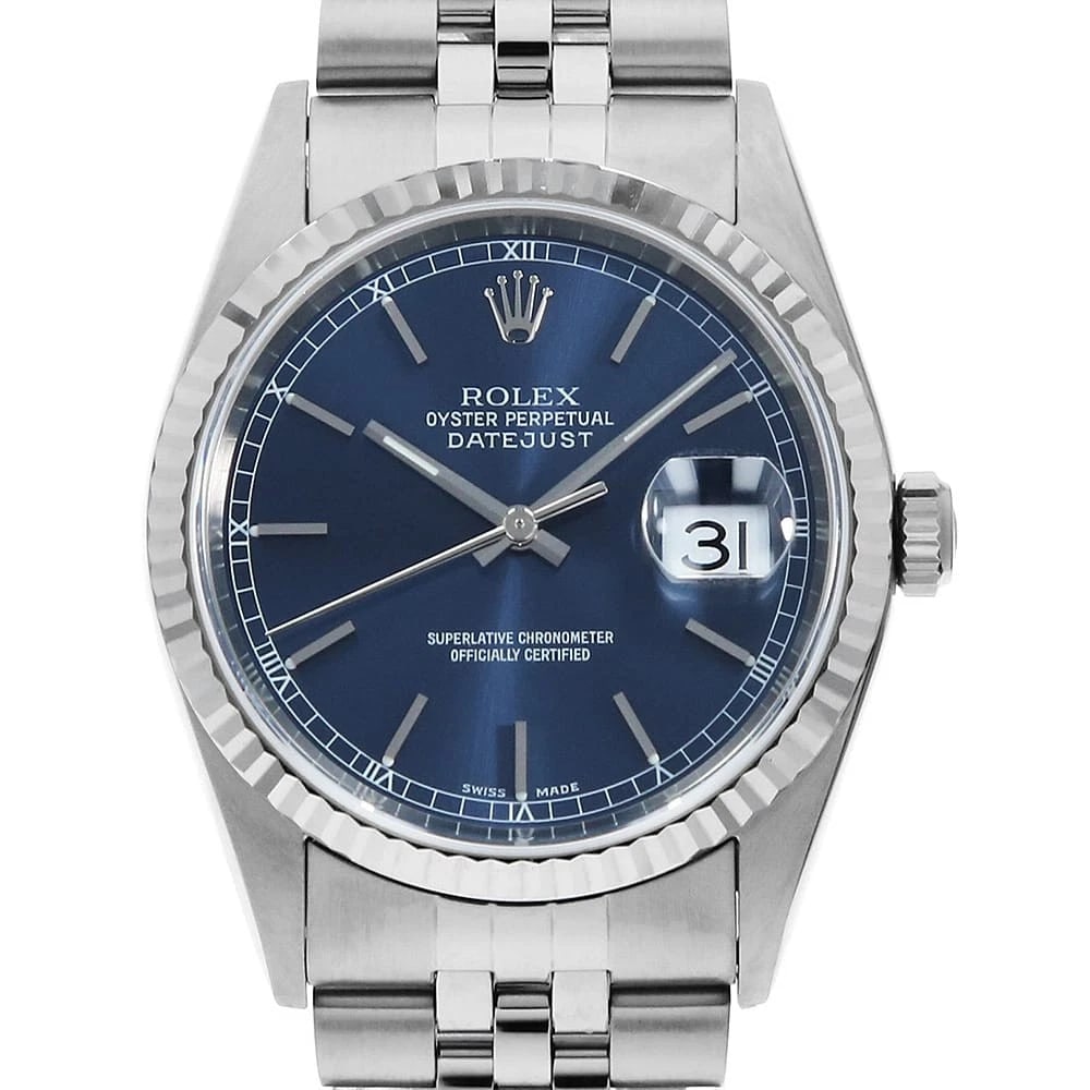 ROLEX DATEJUST BLUE WRIST WATCH: ROLEX Datejust blue Wrist Watch Brand: ROLEX Type: Wrist watch Material: Band Material Stainless Steel, Case Material Stainless Steel/White gold Color: Blue Size: Case:W36mm Circumference of Wrist