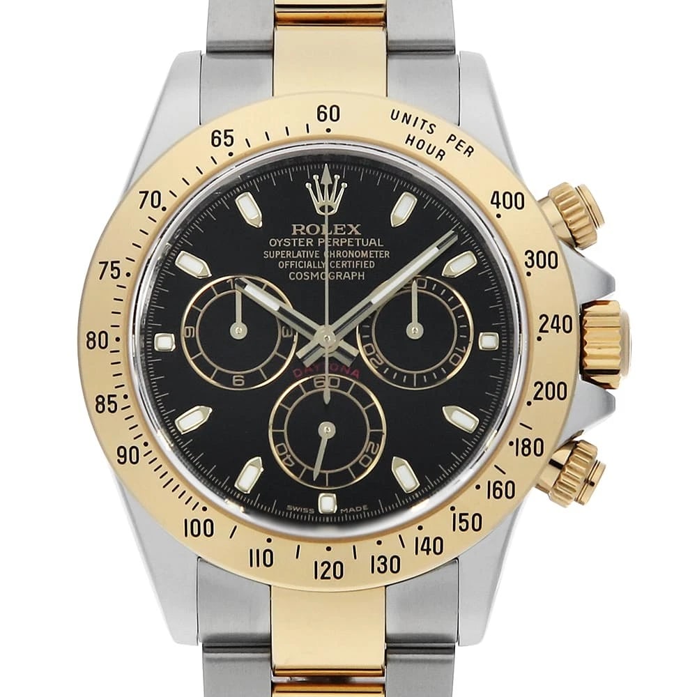 ROLEX COSMOGRAPH DAYTONA BLACK WRIST WATCH: ROLEX Cosmograph Daytona black Wrist Watch Brand: ROLEX Type: Wrist watch Material: Band Material Stainless Steel/Yellow Gold, Case Material Stainless Steel/Yellow Gold Color: Black Size: Case:W40