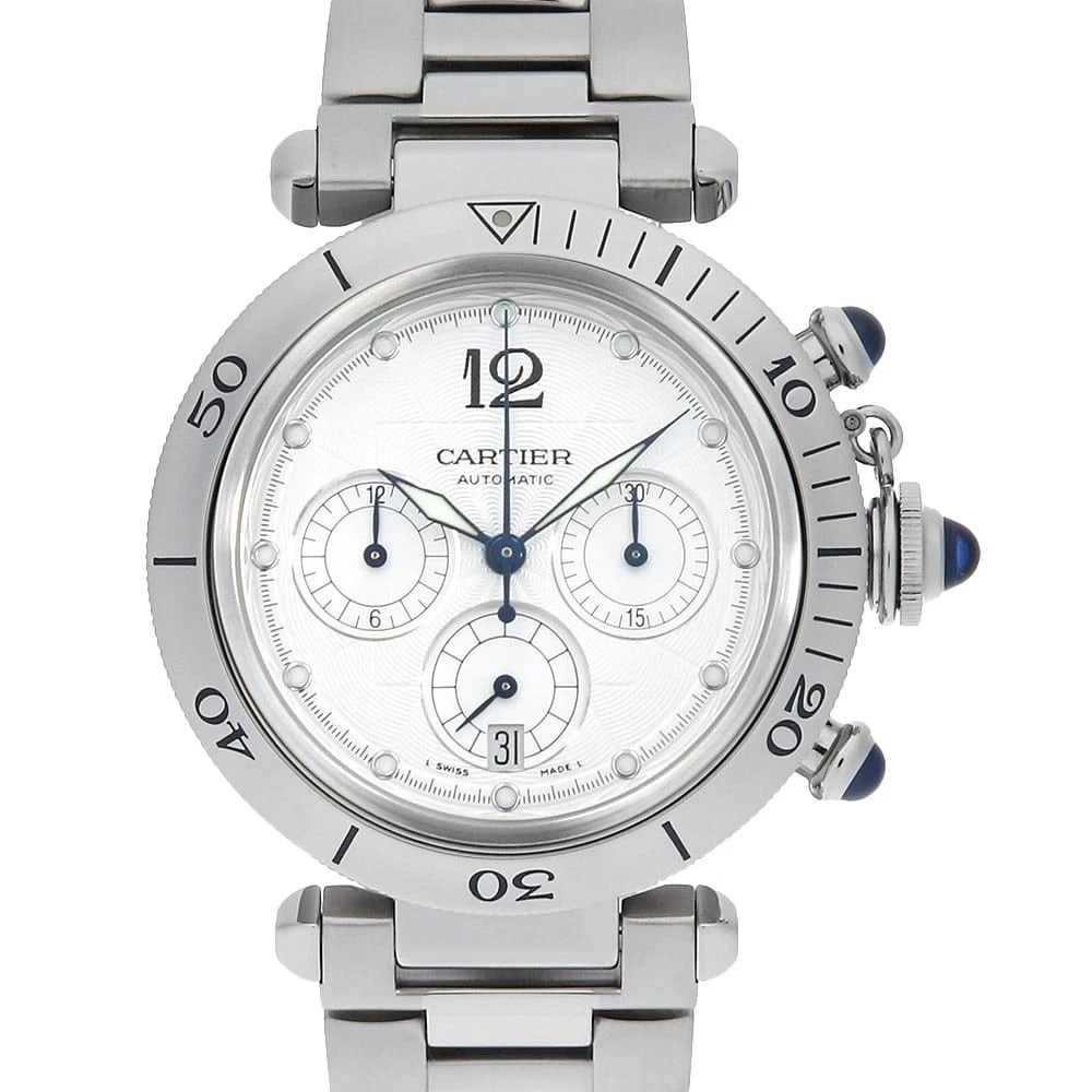 CARTIER PASHA CHRONOGRAPH WRIST WATCH: Cartier Pasha Chronograph Wrist Watch Brand: Cartier Type: Wrist watch Material: Band Material Stainless Steel, Case Material Stainless Steel Color: Silver Size: Case:W38mm Circumference of Wrist: