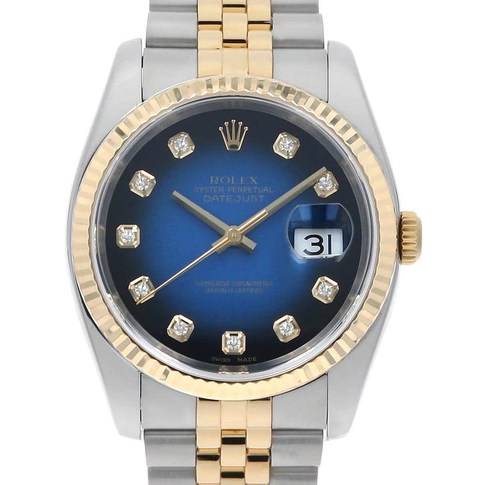 ROLEX DATEJUST 10P DIAMOND BLUE GRADATION WRIST WATCH: ROLEX Datejust 10P Diamond blue Gradation Wrist Watch Brand: ROLEX Type: Wrist watch Material: Band Material Stainless Steel/Yellow Gold, Case Material Stainless Steel/Yellow Gold Color: Blue Size