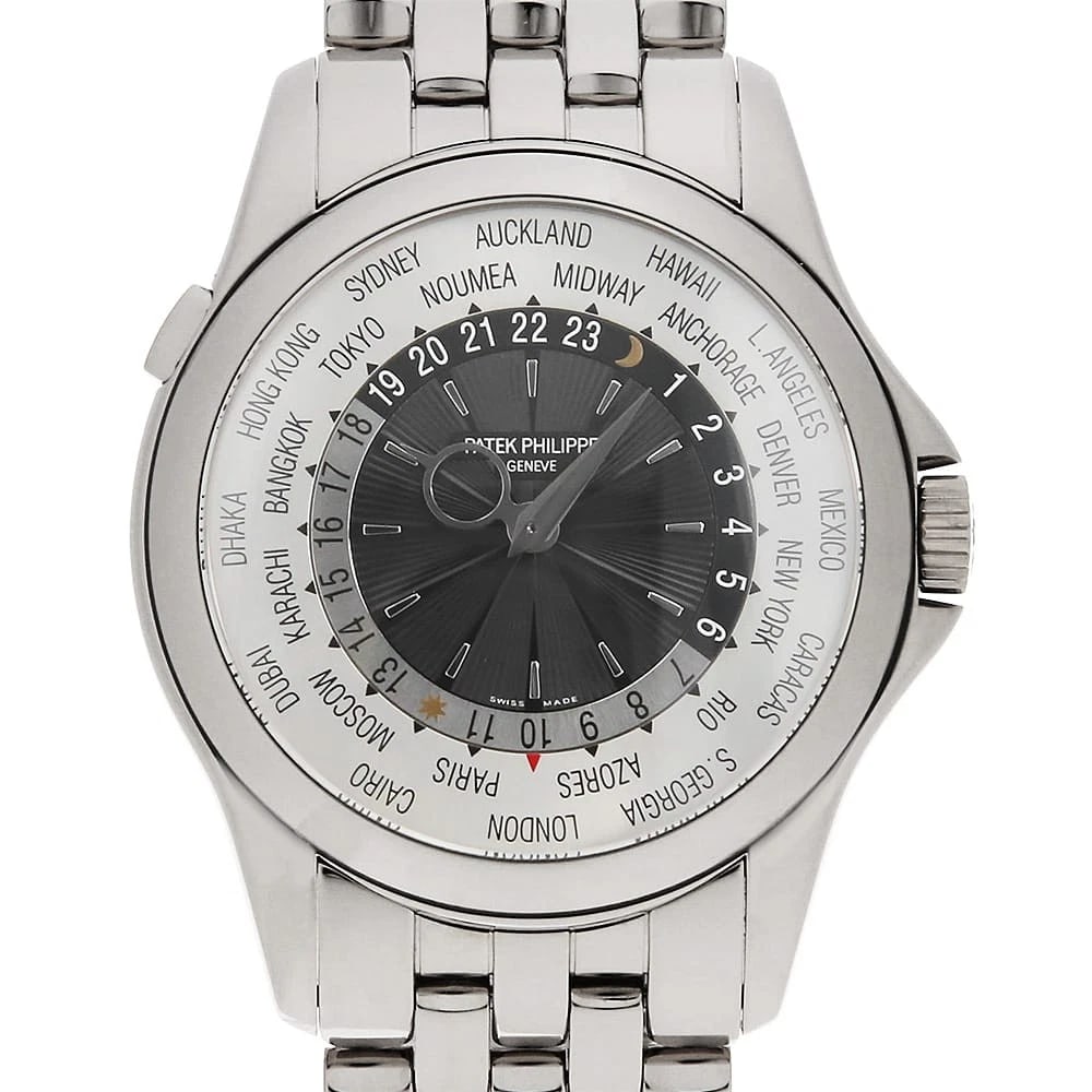 PATEK PHILIPPE WORLD TIME WRIST WATCH: PATEK PHILIPPE World time Wrist Watch Brand: PATEK PHILIPPE Type: Wrist watch Material: Band Material White Gold, Case Material White Gold Color: Silver and Black Size: Case:W39.5mm Circumference