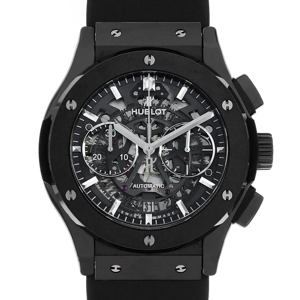 HUBLOT AEROFUSION BLACK MAGIC WRIST WATCH: HUBLOT aerofusion black magic Wrist Watch Brand: HUBLOT Type: Wrist watch Material: Band Material rubber, Case Material Ceramic Color: Skeleton Size: Case:W45mm Accessories: None Accessori