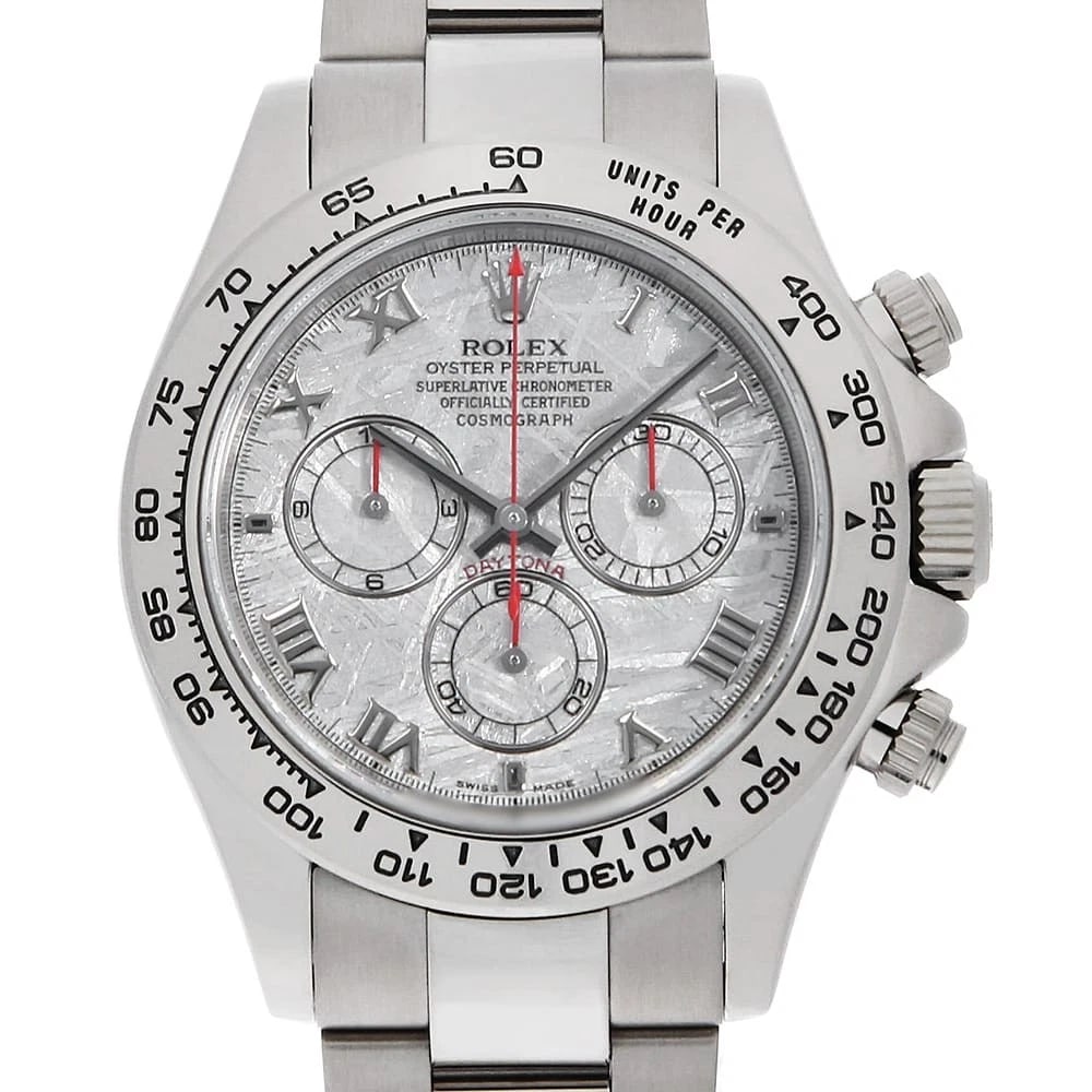 ROLEX COSMOGRAPH DAYTONA METEOLITE WRIST WATCH: ROLEX Cosmograph Daytona Meteolite Wrist Watch Brand: ROLEX Type: Wrist watch Material: Band Material White Gold, Case Material White Gold Color: Meteorite Size: Case:W40mm Circumference of Wrist: