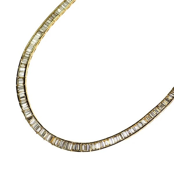 K18YG BUCKET CUT DIAMOND TENNIS NECKLACE: K18YG Bucket Cut Diamond Tennis Necklace Brand: None Type/Style: Necklaces Material: Metal Purity K18, Metal Gold, Main Stone/Creation Natural Color: None Size: Necklace: Chain Length 43 