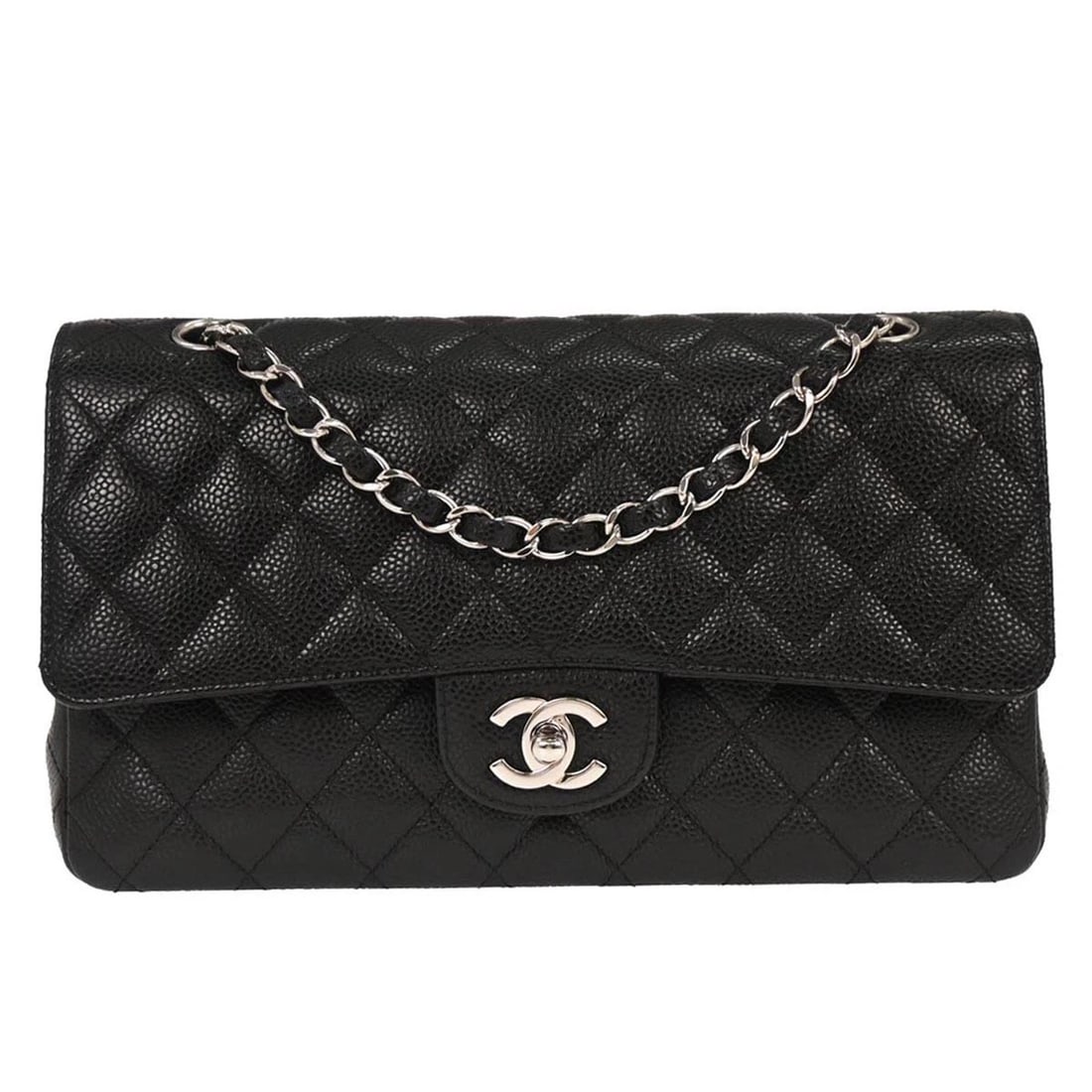 CHANEL BLACK CALFSKIN MEDIUM CLASSIC DOUBLE FLAP SHOULDER BAG: Chanel Black Calfskin Medium Classic Double Flap Shoulder Bag Brand: CHANEL Type/Style: shoulder Bag Material: Caviar skin leather Color: black Size: W 9.8 x H 6.3 x D 2.8 " Accessories: None