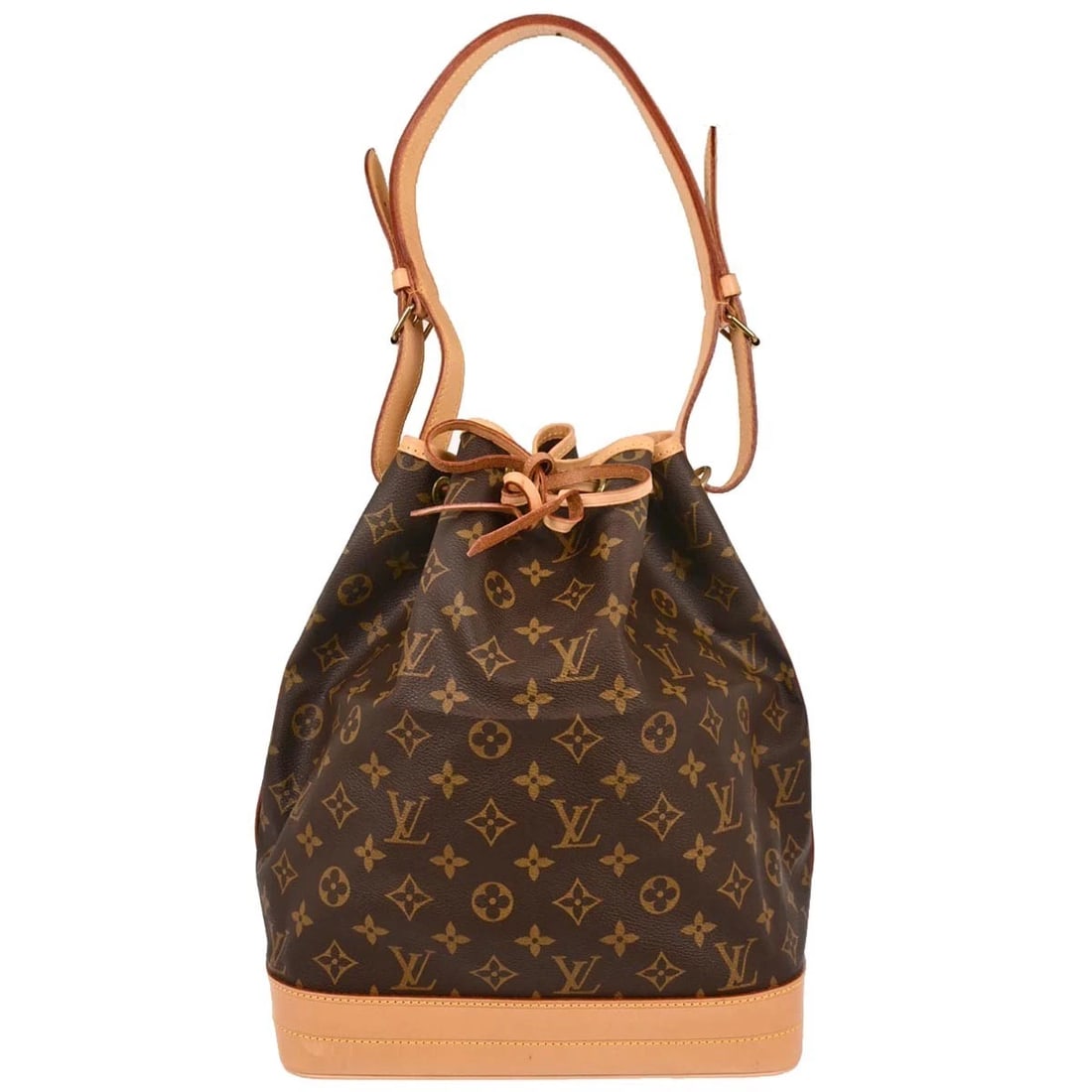 LOUIS VUITTON MONOGRAM NOE DRAWSTRING SHOULDER BAG: Louis Vuitton Monogram Noe Drawstring Shoulder Bag Brand: Louis Vuitton Type/Style: Bucket & Drawstring Bag Material: Monogram canvas, Leather Color: brown Size: W 10.6 x H 13.3 x D 7.5 " Strap Dr
