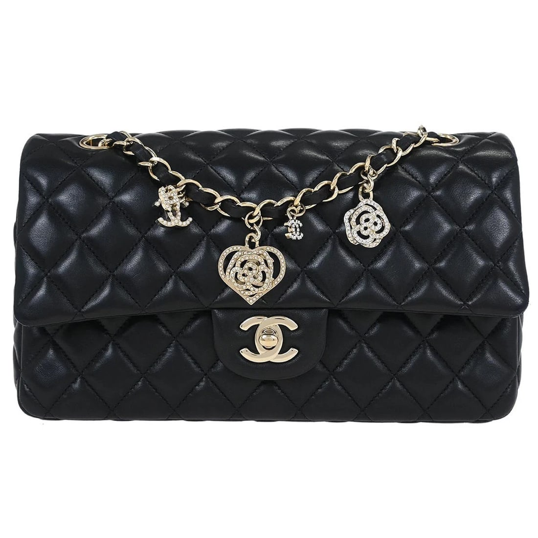CHANEL BLACK LAMBSKIN SINGLE FLAP SHOULDER BAG: Chanel Black Lambskin Single Flap Shoulder Bag Brand: CHANEL Type/Style: shoulder Bag Material: Lambskin, Rhinestone, Artificial Pearl Color: black Size: W 9.8 x H 5.9 x D 2.8 " Accessories: None