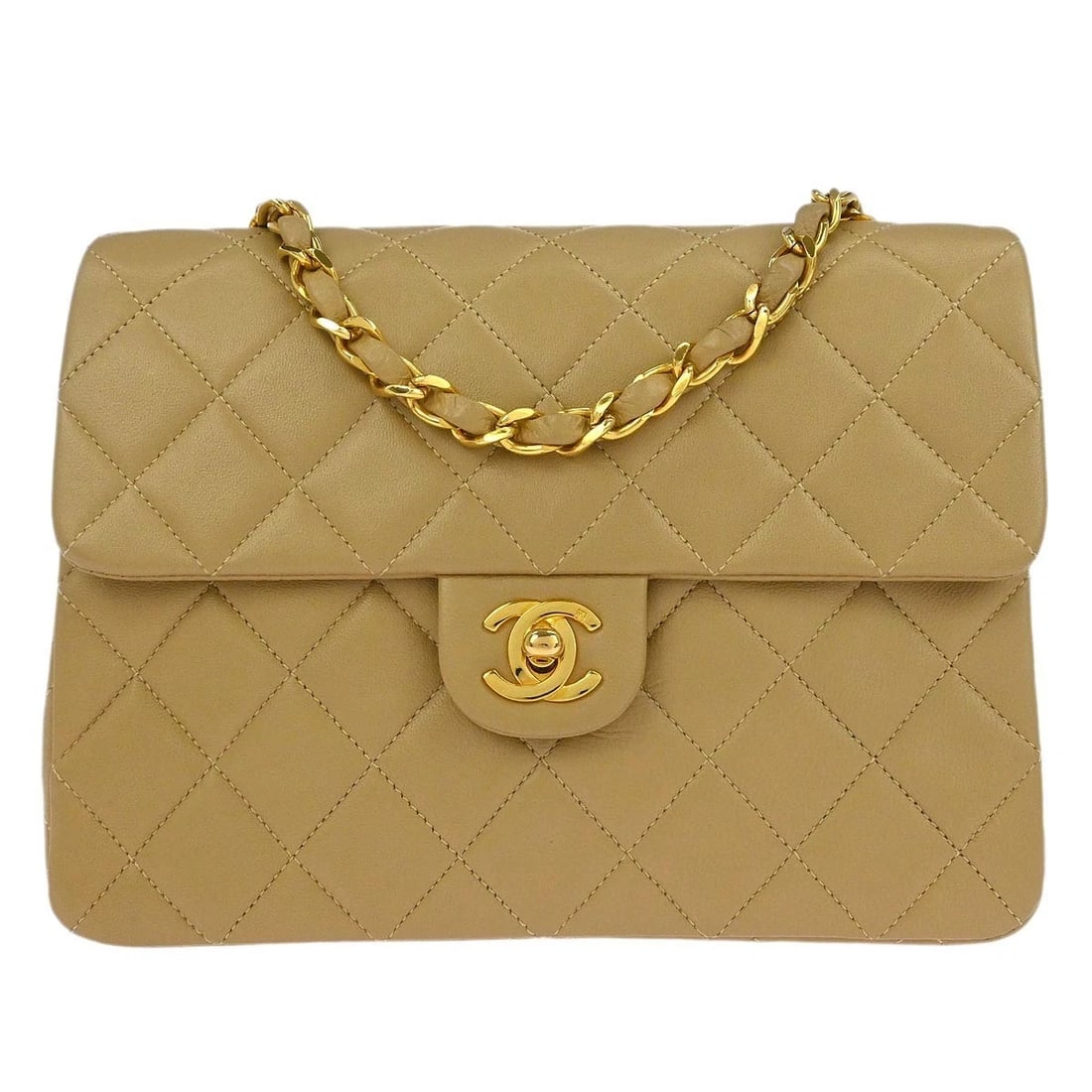 CHANEL BEIGE LAMBSKIN CLASSIC SQUARE FLAP SHOULDER BAG: Chanel Beige Lambskin Classic Square Flap Shoulder Bag Brand: CHANEL Type/Style: shoulder Bag Material: Lambskin Leather Color: beige Size: W 7.9 x H 5.9 x D 2.6 " Strap Drop. 20.9 " Accessories: