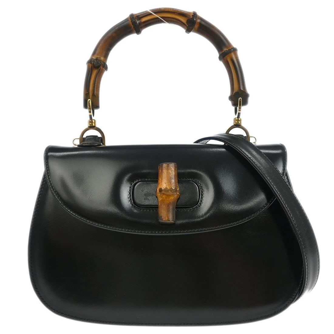 GUCCI BLACK BAMBOO 2WAY HANDBAG: Gucci Black Bamboo 2way Handbag Brand: Gucci Type/Style: Top Handle Bag Material: Leather, Bamboo Color: black Size: W 10.6 x H 7.1 x D 3.1 " Handle Drop. 4.7 " Accessories: None Accessories