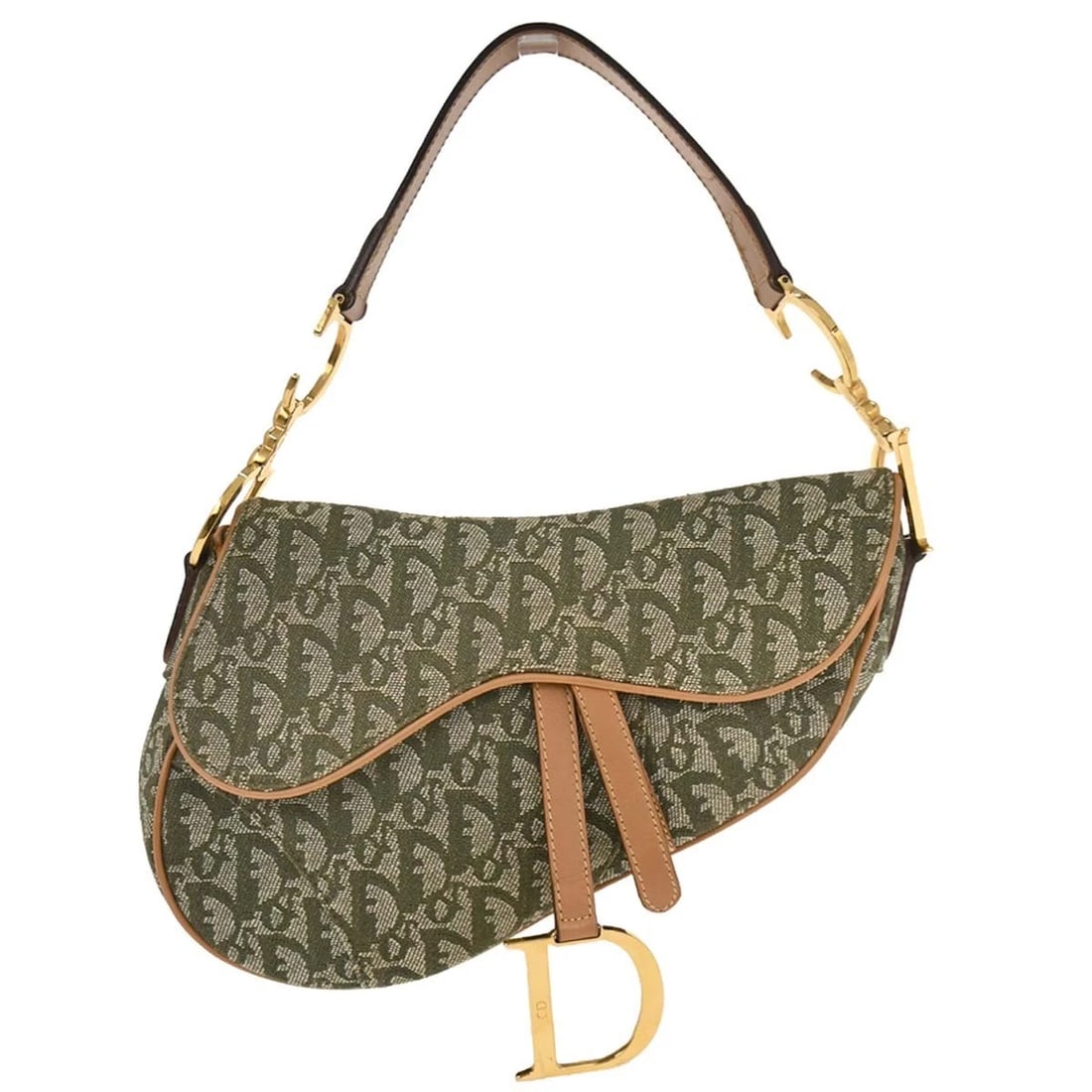 CHRISTIAN DIOR GREEN CANVAS TROTTER SADDLE HANDBAG: Christian Dior Green Canvas Trotter Saddle Handbag Brand: Dior Type/Style: Saddle Bag Material: Canvas, Leather Color: green Size: W 9.4 x H 7.5 x D 3.1 " Handle Drop. 7.5 " Accessories: None
