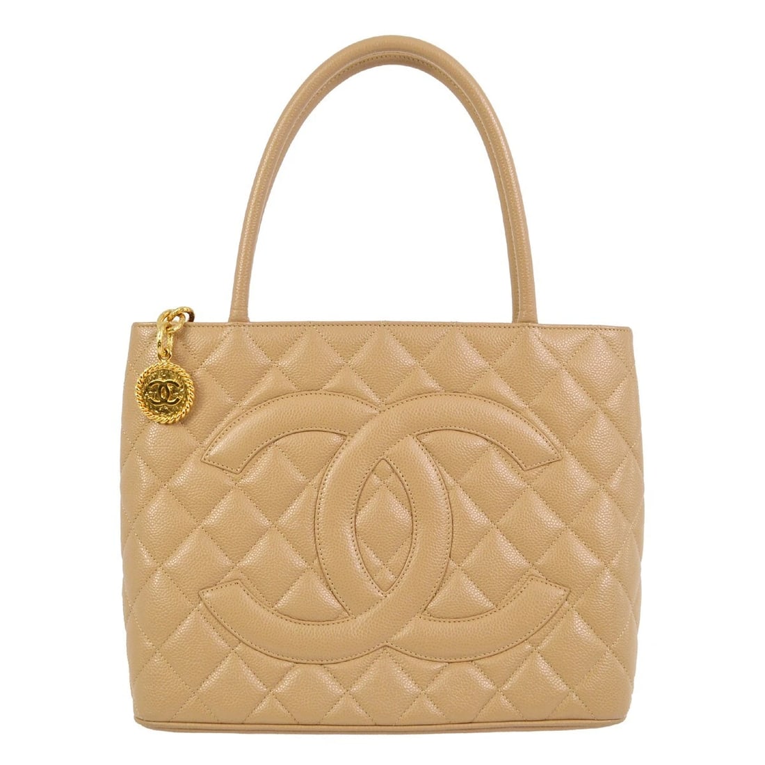 CHANEL BEIGE CALFSKIN MEDALLION TOTE HANDBAG: Chanel Beige Calfskin Medallion Tote Handbag Brand: CHANEL Type/Style: tote Material: Caviar Skin Leather Color: beige Size: W 11.8 x H 9.4 x D 5.9 " Handle Drop. 5.9 " Accessories: None A