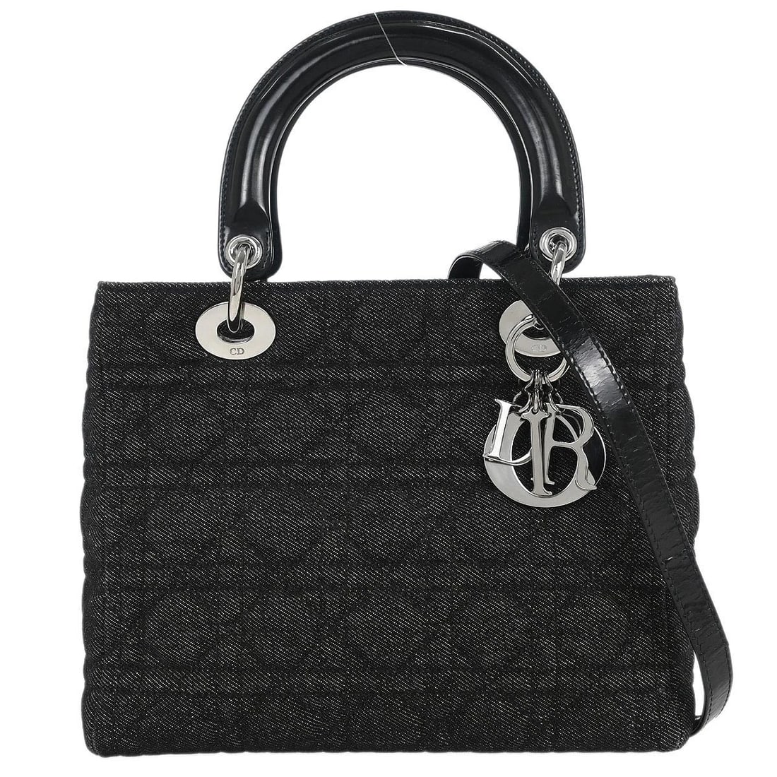 CHRISTIAN DIOR BLACK DENIM LADY DIOR CANNAGE HANDBAG: Christian Dior Black Denim Lady Dior Cannage Handbag Brand: Dior Type/Style: Satchel/Top Handle Bag Material: Denim, Patent Leather Color: Navey,black Size: W 9.4 x H 7.9 x D 4.7 "Handle Drop. 4.3
