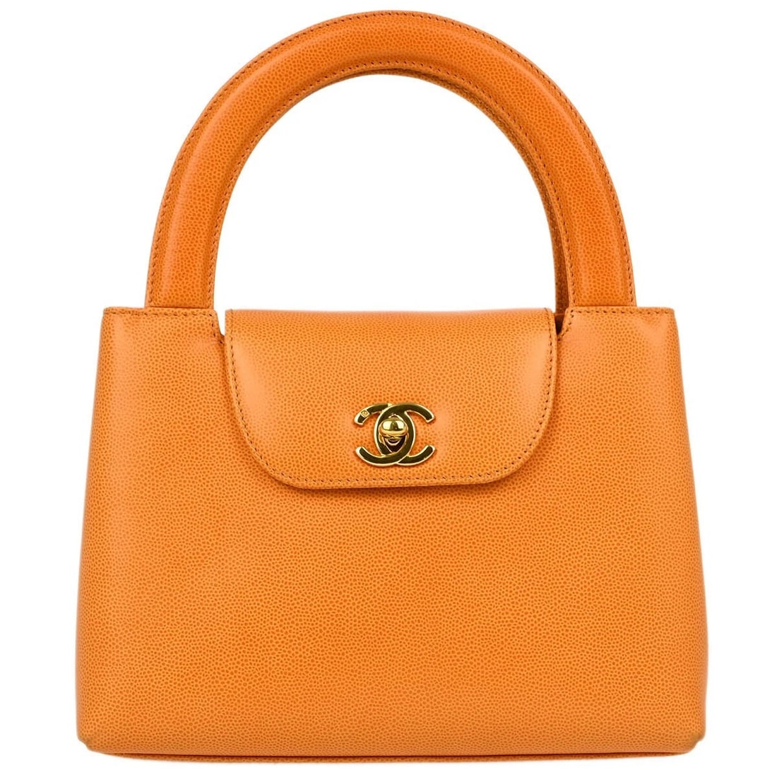 CHANEL ORANGE CALFSKIN HANDBAG: Chanel Orange Calfskin Handbag Brand: CHANEL Type/Style: Hand Bag Material: Caviar skin leather Color: Orange Size: W 7.9 x H 5.9 x D 2.8 "Handle Drop. 3.1 " Accessories: None Accessories