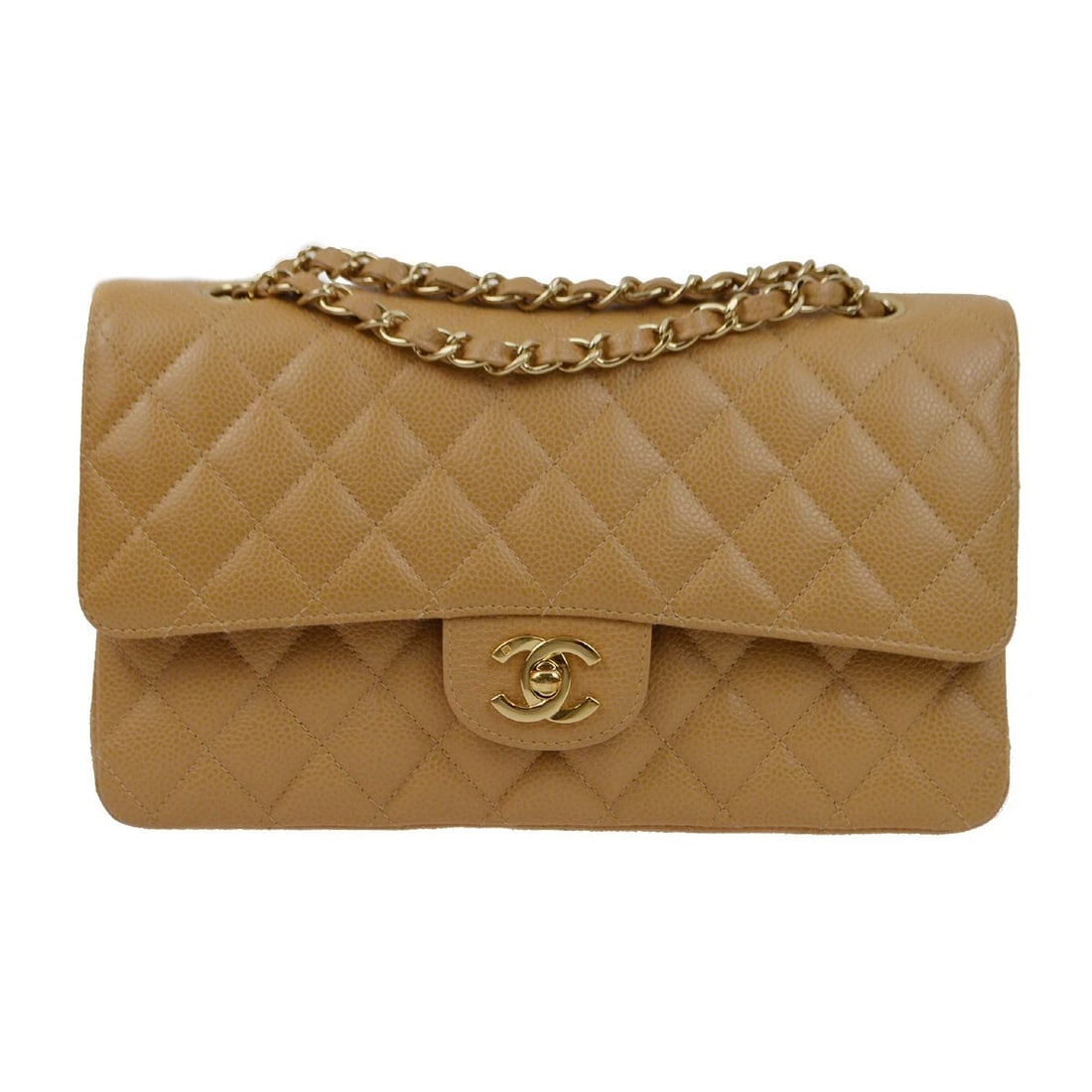 CHANEL BEIGE CALFSKIN MEDIUM CLASSIC DOUBLE FLAP BAG (1 of 7)