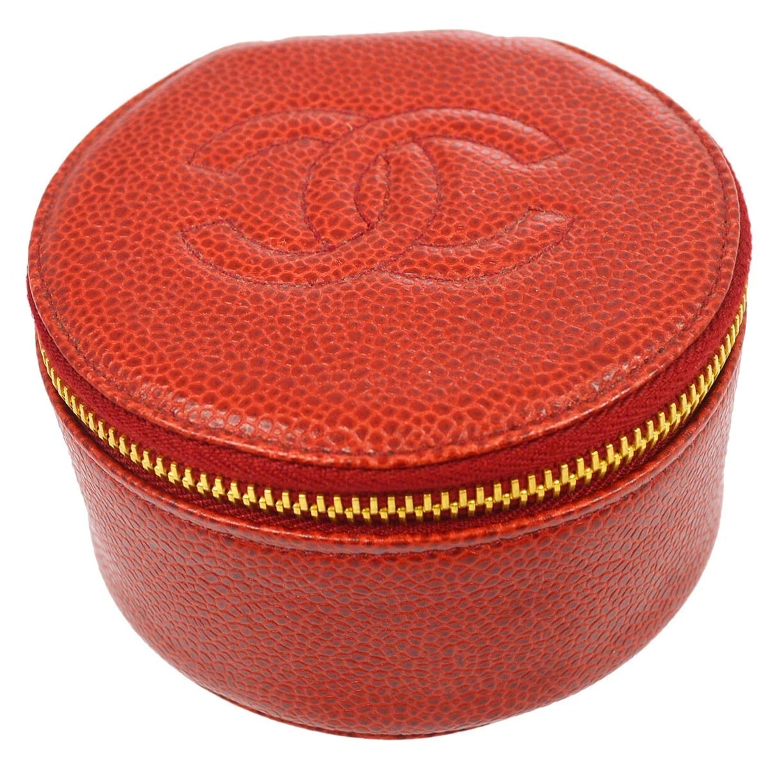 CHANEL RED CALFSKIN JEWELRY CASE POUCH BAG 121325: Chanel Red Calfskin Jewelry Case Pouch Bag 121325 Brand: CHANEL Type/Style: round Material: Caviar Skin, Leather Color: red Size: W 3.9 x H 2.4 x D 3.7 " Accessories: None Accessories Noti