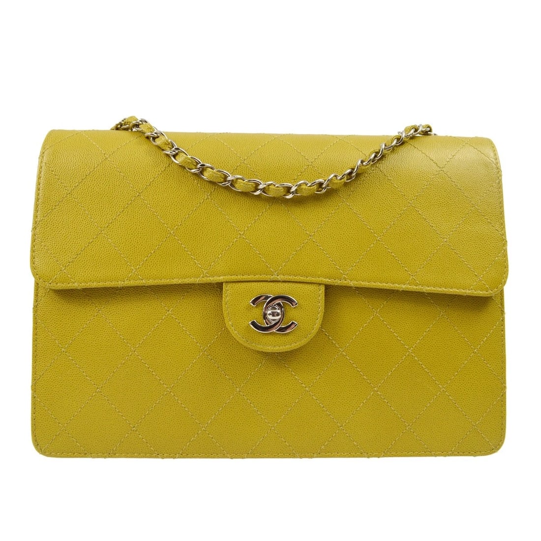 CHANEL YELLOW GREEN CALFSKIN SINGLE FLAP SHOULDER BAG (1 of 9)