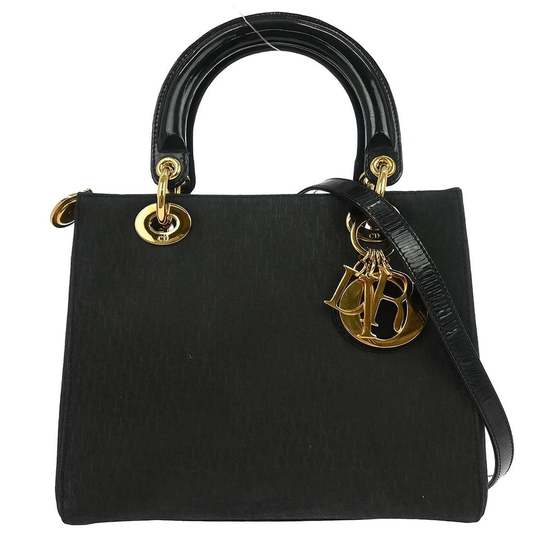 CHRISTIAN DIOR BLACK SUEDE LADY DIOR TROTTER 2WAY HANDBAG: Christian Dior Black Suede Lady Dior Trotter 2way Handbag Brand: Dior Type/Style: Satchel/Top Handle Bag Material: Suede, Patent Leather Color: black Size: W 9.8 x H 7.9 x D 4.7 " Handle Drop. 3.5