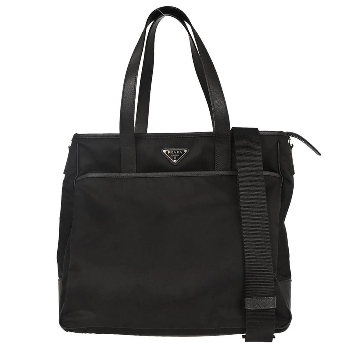 PRADA BLACK NYLON 2WAY TOTE HANDBAG: Prada Black Nylon 2way Tote Handbag Brand: PRADA Type/Style: tote Material: nylon leather Color: black Size: W 13.4 x H 12.6 x D 5.1 " Handle Drop. 8.7 " Accessories: None Accessories Noti