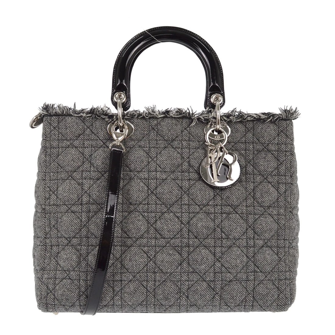 LIVE CHRISTIAN DIOR GRAY WOOL LADY DIOR CANNAGE 2WAY HANDBAG: LIVE Christian Dior Gray Wool Lady Dior Cannage 2way Handbag Brand: Dior Type/Style: hand bag Material: Wool, Patent leather Color: grey black Size: W 12.6 x H 10.2 x D 4.7 " Handle Drop. 3.9 " A