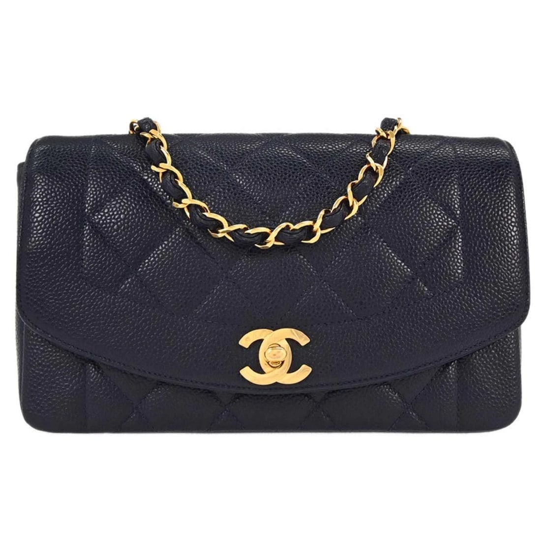 CHANEL NAVY CALFSKIN SMALL DIANA SHOULDER BAG: Chanel Navy Calfskin Small Diana Shoulder Bag Brand: CHANEL Type/Style: shoulder bag Material: Caviar skin leather Color: navy Size: W 8.7 x H 5.5 x D 2.8 " Strap Drop. 20.5 " Accessories: None