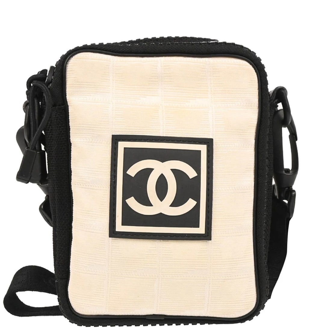CHANEL BEIGE NYLON TRAVEL SPORT LINE SHOULDER BAG: Chanel Beige Nylon Travel Sport Line Shoulder Bag Brand: CHANEL Type/Style: shoulder bag Material: Canvas, Jacquard Nylon Color: beige black Size: W 5.1 x H 6.7 x D 1.6 " Accessories: None