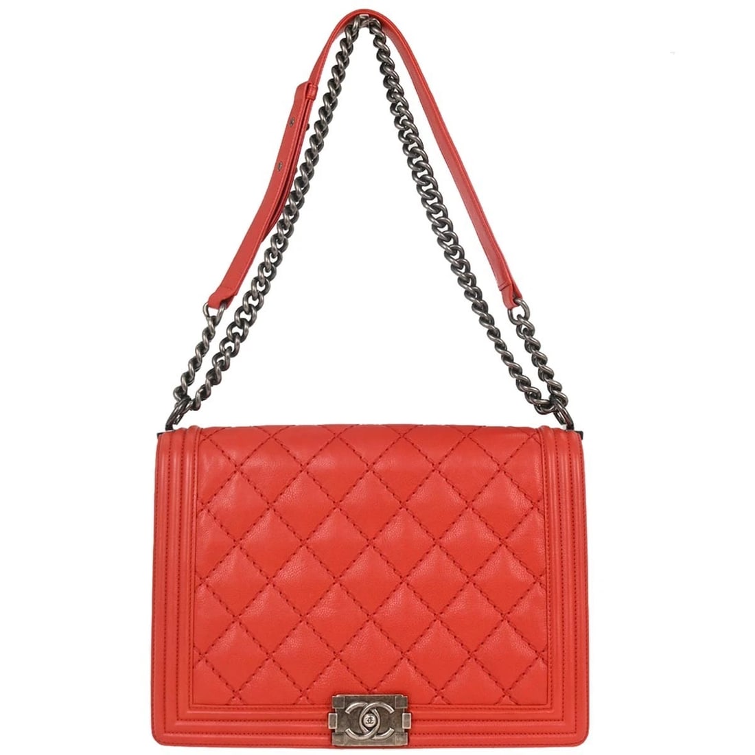 BOY CHANEL RED CALFSKIN WILD STITCH LARGE SHOULDER BAG: Boy Chanel Red Calfskin Wild Stitch Large Shoulder Bag Brand: CHANEL Type/Style: shoulder bag Material: Calfskin Color: red Size: W 11.8 x H 8.3 x D 3.9 " Accessories: None Accessories Not