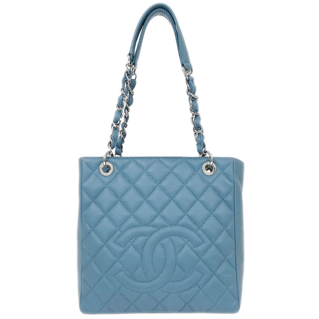 CHANEL LIGHT BLUE CALFSKIN PETITE SHOPPING TOTE PST CHAIN HANDBAG: Chanel Light Blue Calfskin Petite Shopping Tote PST Chain Handbag Brand: CHANEL Type/Style: tote Material: Calfskin Color: blue Size: W 9.4 x H 9.4 x D 3.3 " Shoulder Drop. 9.4 " Accessories: