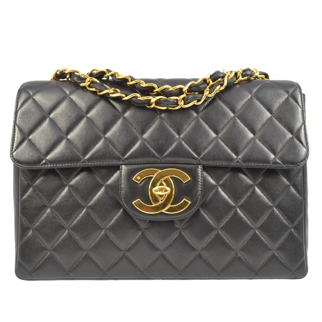 CHANEL BLACK LAMBSKIN JUMBO CLASSIC FLAP BAG: Chanel Black Lambskin Jumbo Classic Flap Bag Brand: CHANEL Type/Style: shoulder bag Material: Lambskin Leather Color: black Size: W 11.8 x H 8.3 x D 3.1 " Accessories: None Accessories Not