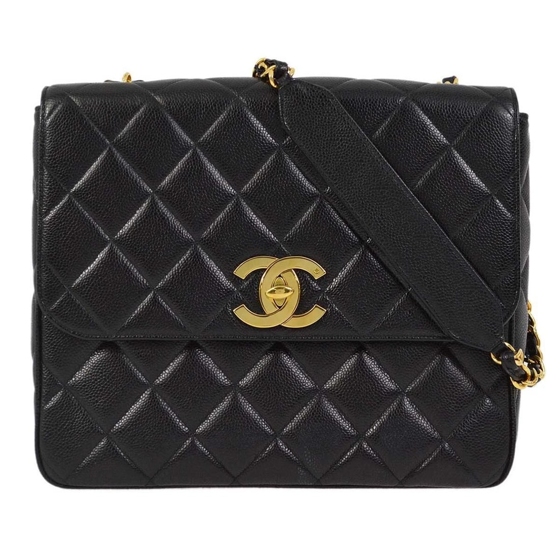 CHANEL BLACK CALFSKIN STRAIGHT FLAP SINGLE CHAIN SHOULDER BAG: Chanel Black Calfskin Straight Flap Single Chain Shoulder Bag Brand: CHANEL Type/Style: shoulder bag Material: Caviar skin Color: black Size: W 11.4 x H 9.8 x D 3.9" Accessories: None Acce